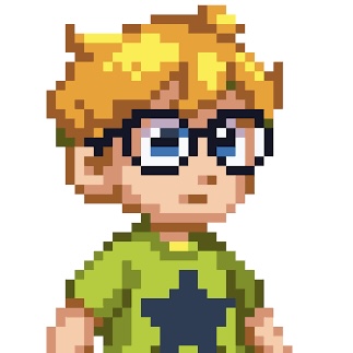 Pixel-art portrait of Nick: blond hair, glasses, green star tee