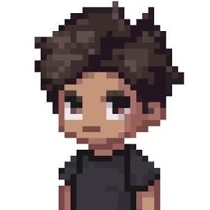 Pixel-art portrait of Ren: dark wavy hair, black tee